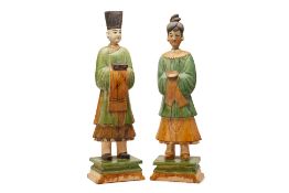 A PAIR OF LARGE CHINESE SANCAI GLAZED COURT FIGURES