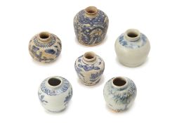 SIX SMALL BLUE AND WHITE JARS