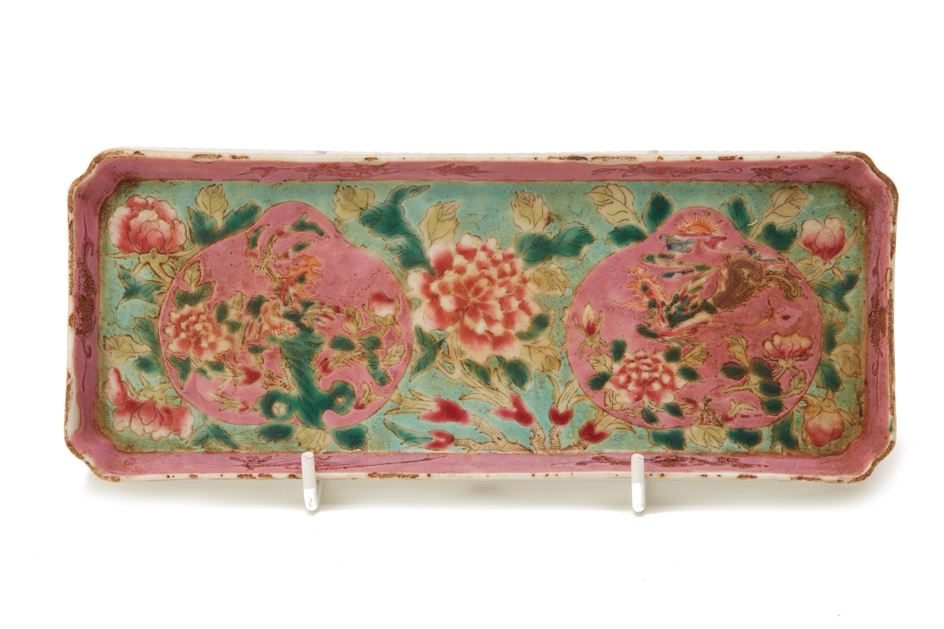 A TURQUOISE GROUND PERANAKAN PORCELAIN TRAY