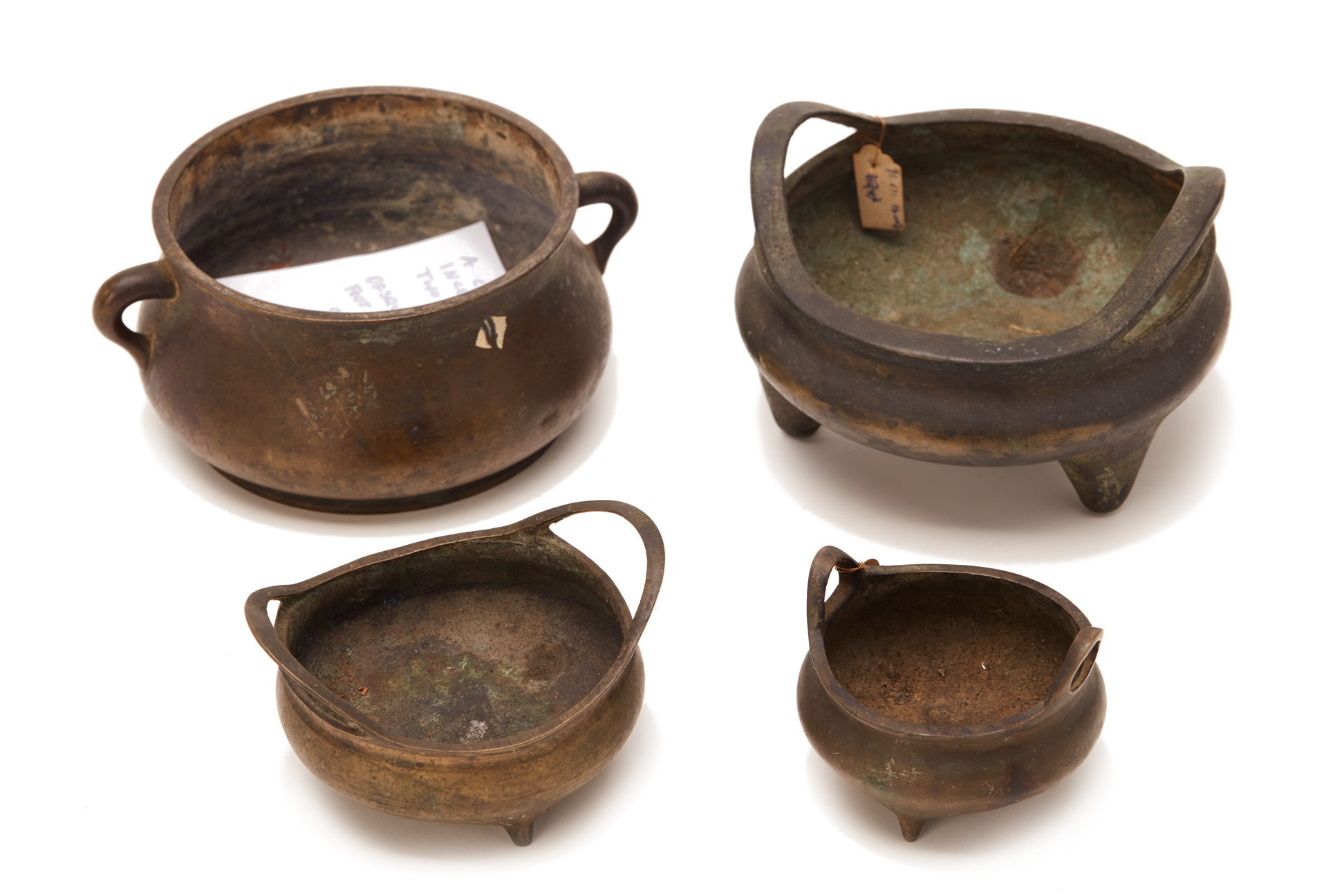 FOUR CHINESE BRONZE TRIPOD INCENSE BURNERS