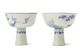 A PAIR OF BLUE AND WHITE PORCELAIN STEM CUPS