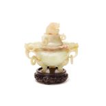 A CHINESE CARVED JADE CENSER AND COVER