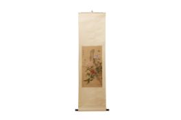 A CHINESE SCROLL OF PEONIES AND BUTTERFLIES