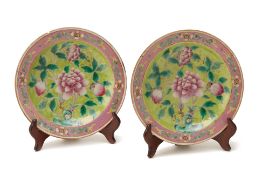 TWO PERANAKAN LIME GREEN PLATES WITH PEONY MOTIFS