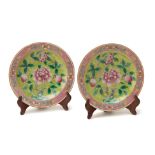 TWO PERANAKAN LIME GREEN PLATES WITH PEONY MOTIFS