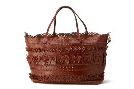 A VALENTINO LASER CUT FLORAL BROWN LEATHER TOTE