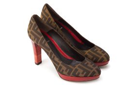 A PAIR OF FENDI 'ZUCCA' MONOGRAM PLATFORM HEELS EU 40