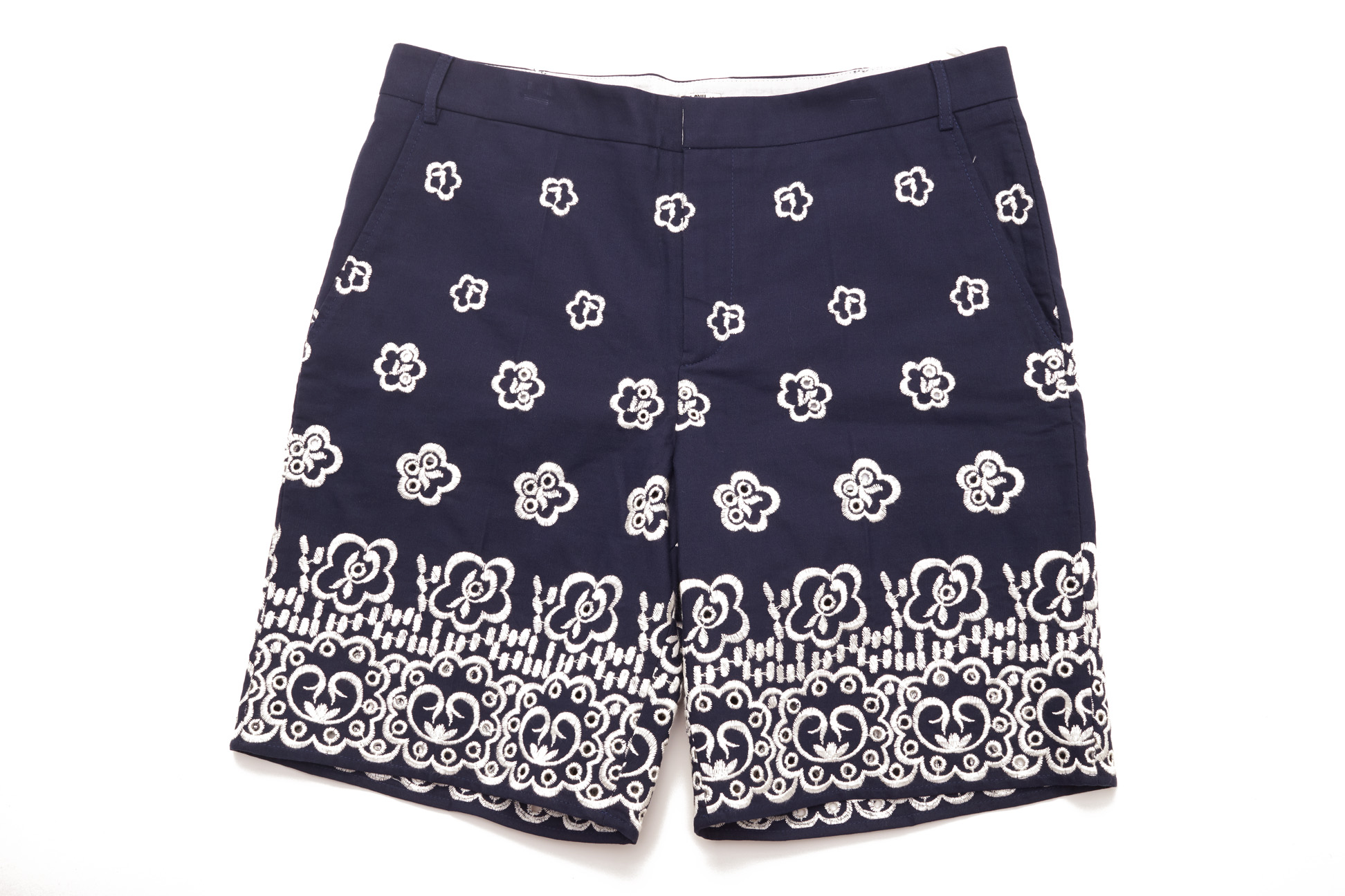 A PAIR OF MIU MIU NAVY EMBROIDERED SHORTS