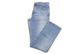 A PAIR OF MOSCHINO DENIM PINSTRIPE JEANS