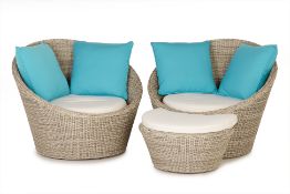 A PAIR OF WICKER CHAIRS AND A FOOTSTOOL