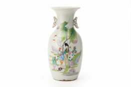 A TWIN HANDLED FAMILLE ROSE PORCELAIN BALUSTER VASE