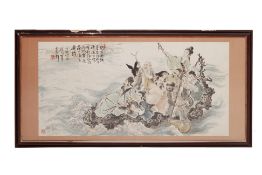 A CHINESE WATERCOLOUR OF IMMORTALS CROSSING A RIVER