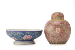 A PINK GROUND GINGER JAR AND A BLUE GROUND BOWL