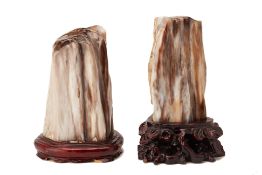 TWO FOSSILIZED WOOD SPECIMENS, ON CARVED WOOD STANDS