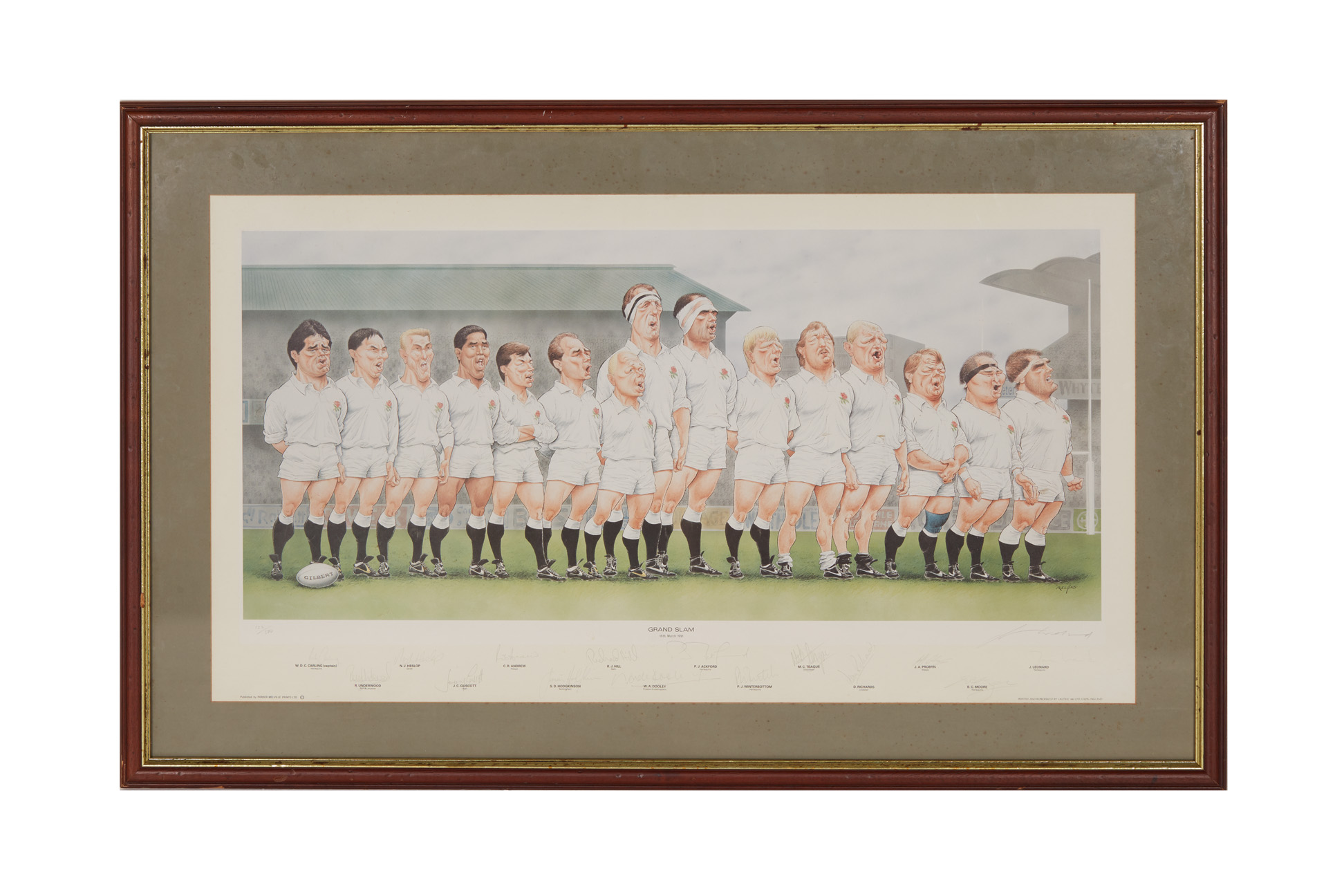 AN ENGLAND RUGBY 1991 GRAND SLAM SIGNED CARICATURE PRINT
