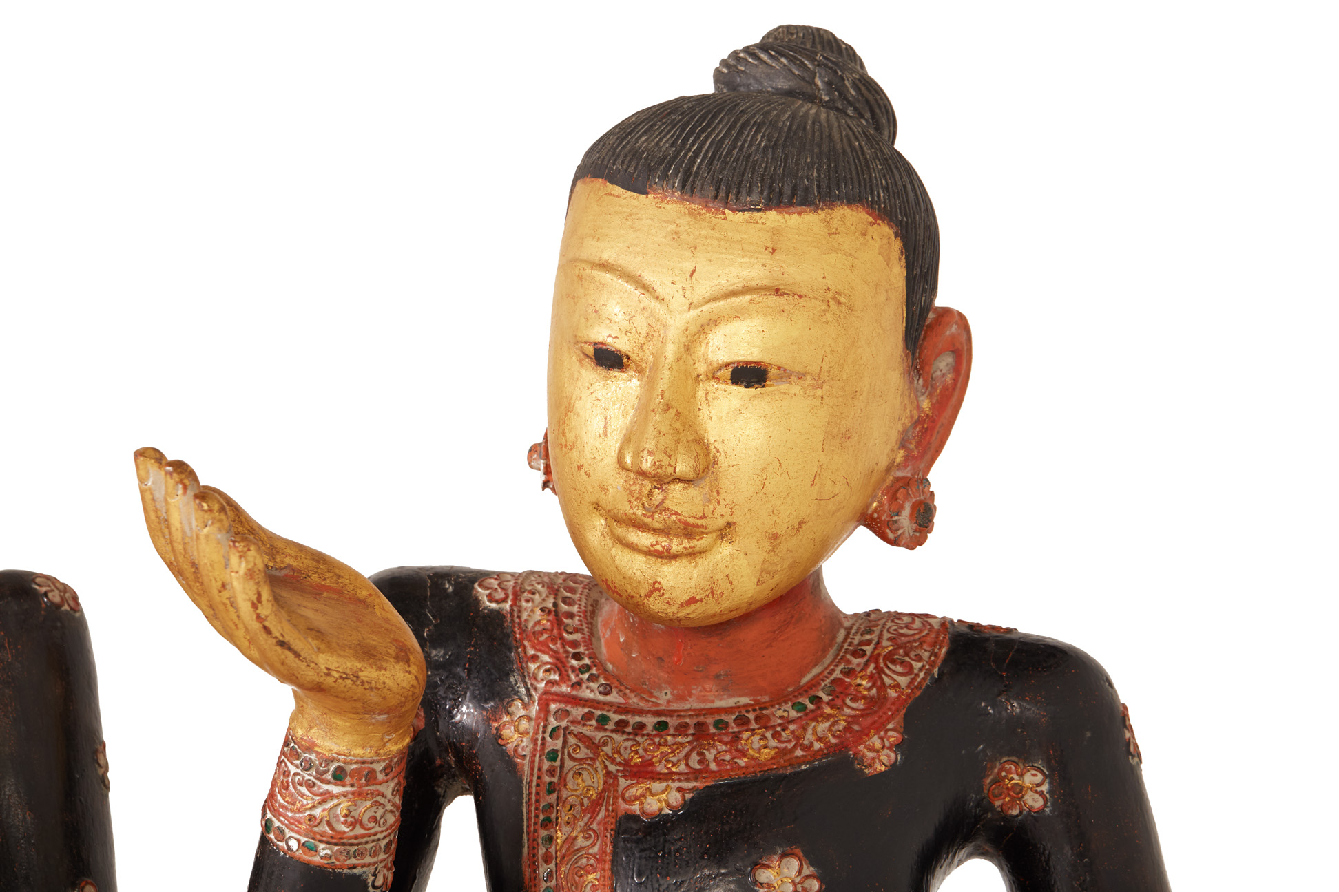 A PAIR OF LARGE BURMESE CARVED AND PAINTED WOOD FIGURES - Image 2 of 4