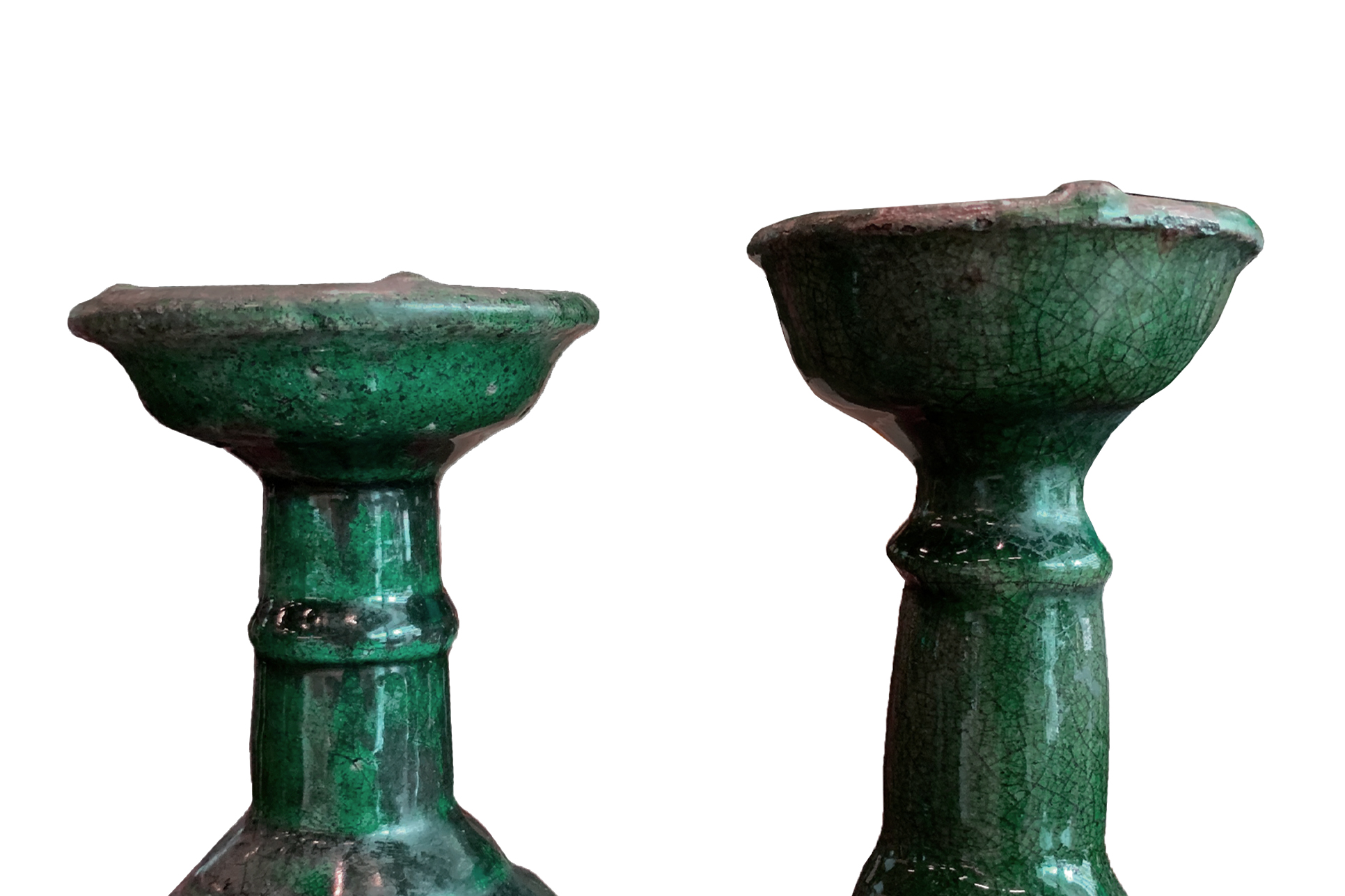 A PAIR OF CHINESE GREEN GLAZED POTTERY CANDLESTICKS - Image 2 of 2