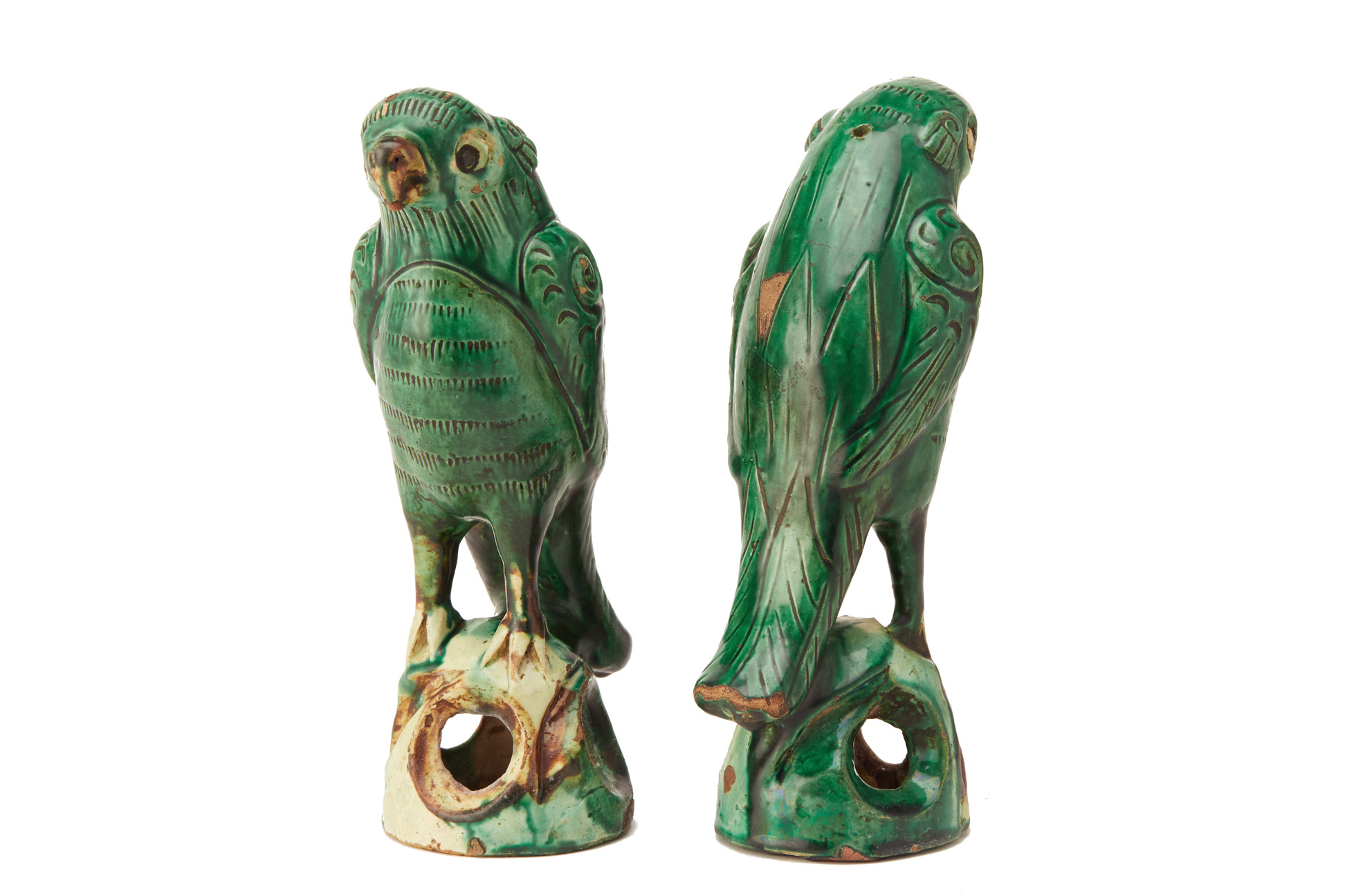 A PAIR OF CHINESE GREEN GLAZED PARROT JOSS STICK HOLDERS - Image 2 of 5