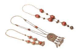 THREE SILVERED METAL AND HARDSTONE BEDOUIN STLYE NECKLACES