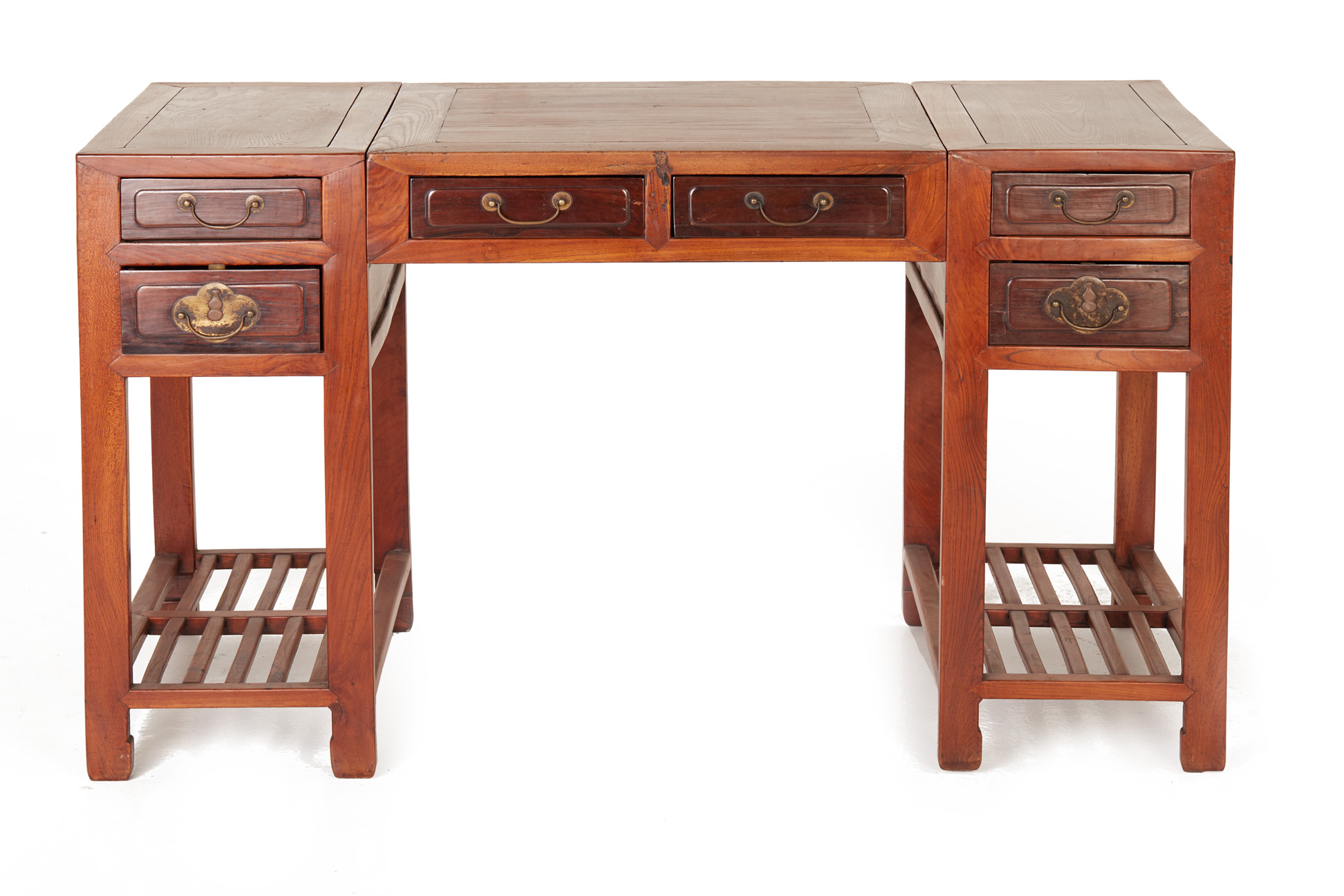 AN ANTIQUE CHINESE ELM AND BLACKWOOD TWIN PEDESTAL DESK