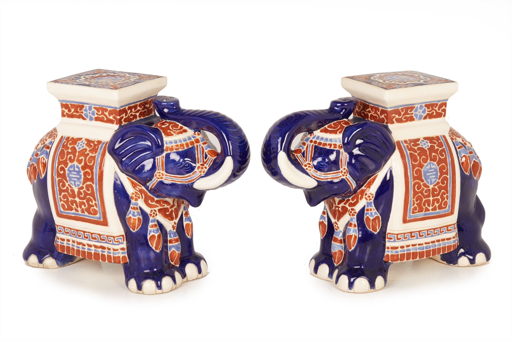 A PAIR OF ORIENTAL CERAMIC ELEPHANT STOOLS