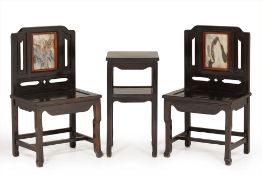 A PAIR OF CHINESE MARBLE INSET HARDWOOD CHAIRS AND TABLE