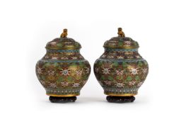 A PAIR OF CHINESE CLOISONNE ENAMEL JARS AND COVERS