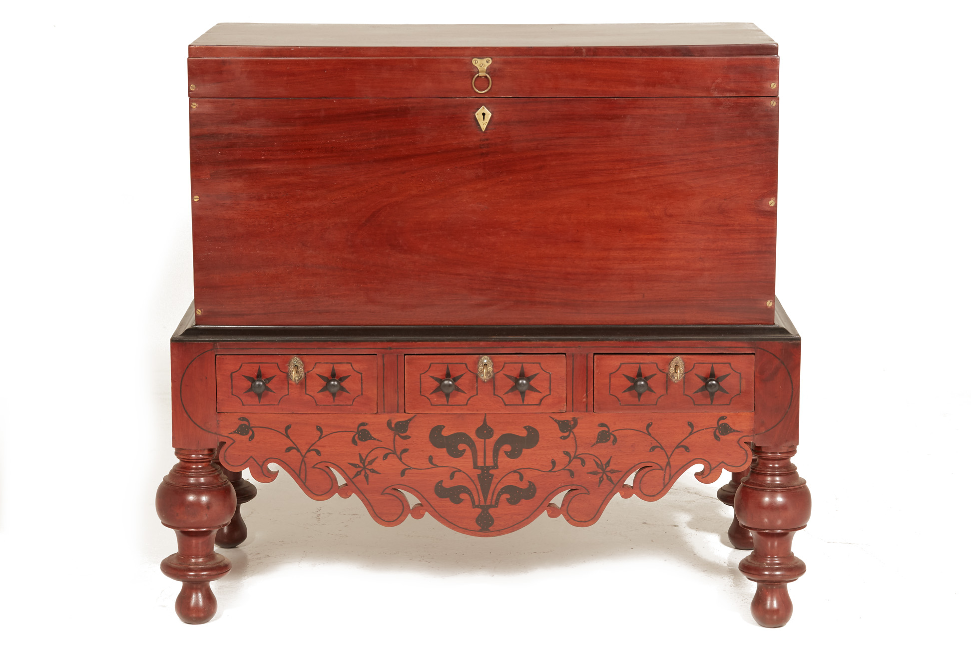 AN INDO DUTCH MAHOGANY TRUNK ON STAND