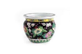 A JAPANESE BLACK GROUND FAMILLE ROSE PORCELAIN JARDINIERE