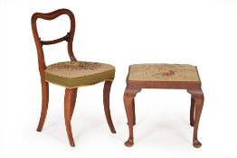 AN ANTIQUE MAHOGANY CHAIR AND A FOOTSTOOL