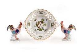 A HEREND PORCELAIN BASKET AND PAIR OF COCKERELS