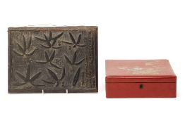 A JAPANESE RED LACQUER BOX AND A JAPANESE WOODBLOCK