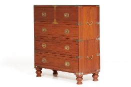 AN ANGLO INDIAN BRASS BOUND TEAK CAMPAIGN CHEST OF DRAWERS