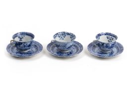 A SET OF THREE CHINESE BLUE AND WHITE TEACUPS AND SAUCERS