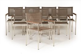 A SET OF EIGHT STEEL AND MESH FABRIC OUTDOOR CHAIRS