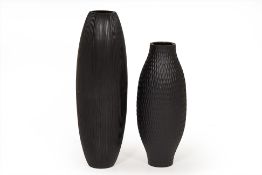 TWO TALL BLACK PAINTED WOOD VASES / CONTAINERS