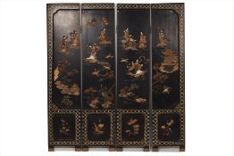 A CHINESE BLACK LACQUER AND INLAID FOUR FOLD SCREEN