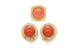 A CORAL AND DIAMOND RING AND CLIP EARRINGS