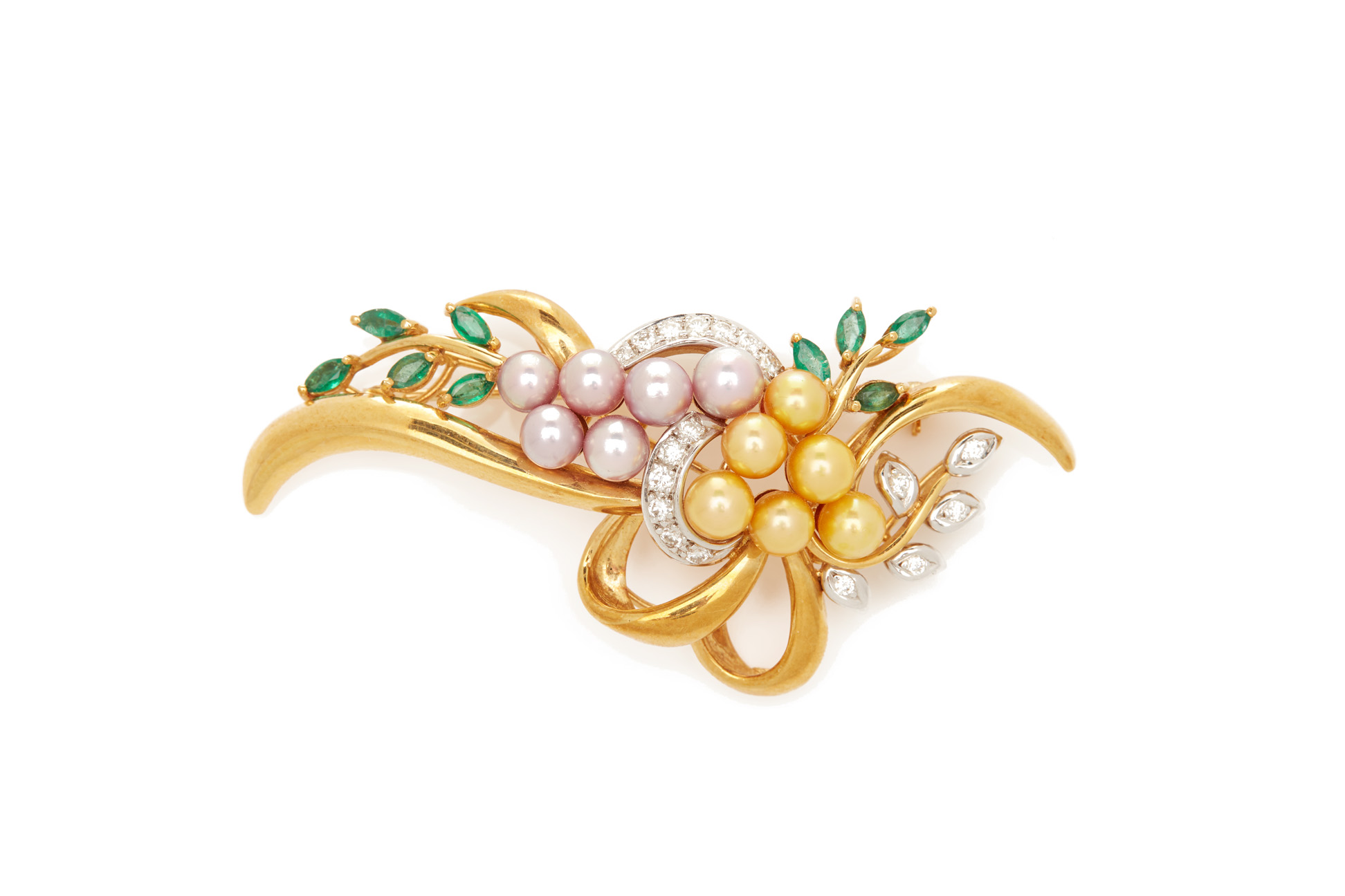 A CULTURED PEARL, EMERALD AND DIAMOND SPRAY BROOCH