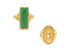 A JADE PANEL RING AND AN UNMOUNTED RING SETTING