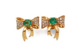 A PAIR OF EMERALD AND DIAMOND BOW EARRINGS