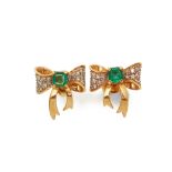 A PAIR OF EMERALD AND DIAMOND BOW EARRINGS