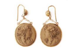 A PAIR OF ANTIQUE LAVA CAMEO PENDANT EARRINGS