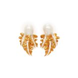 A PAIR OF BAROQUE CULTURED PEARL AND DIAMOND CLIP EARRINGS