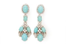 A PAIR OF LARGE TURQUOISE AND DIAMOND PENDANT EARRINGS
