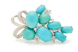 A TURQUOISE AND DIAMOND SPRAY BROOCH