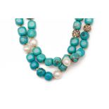 A TURQUOISE BEAD AND PEARL NECKLACE