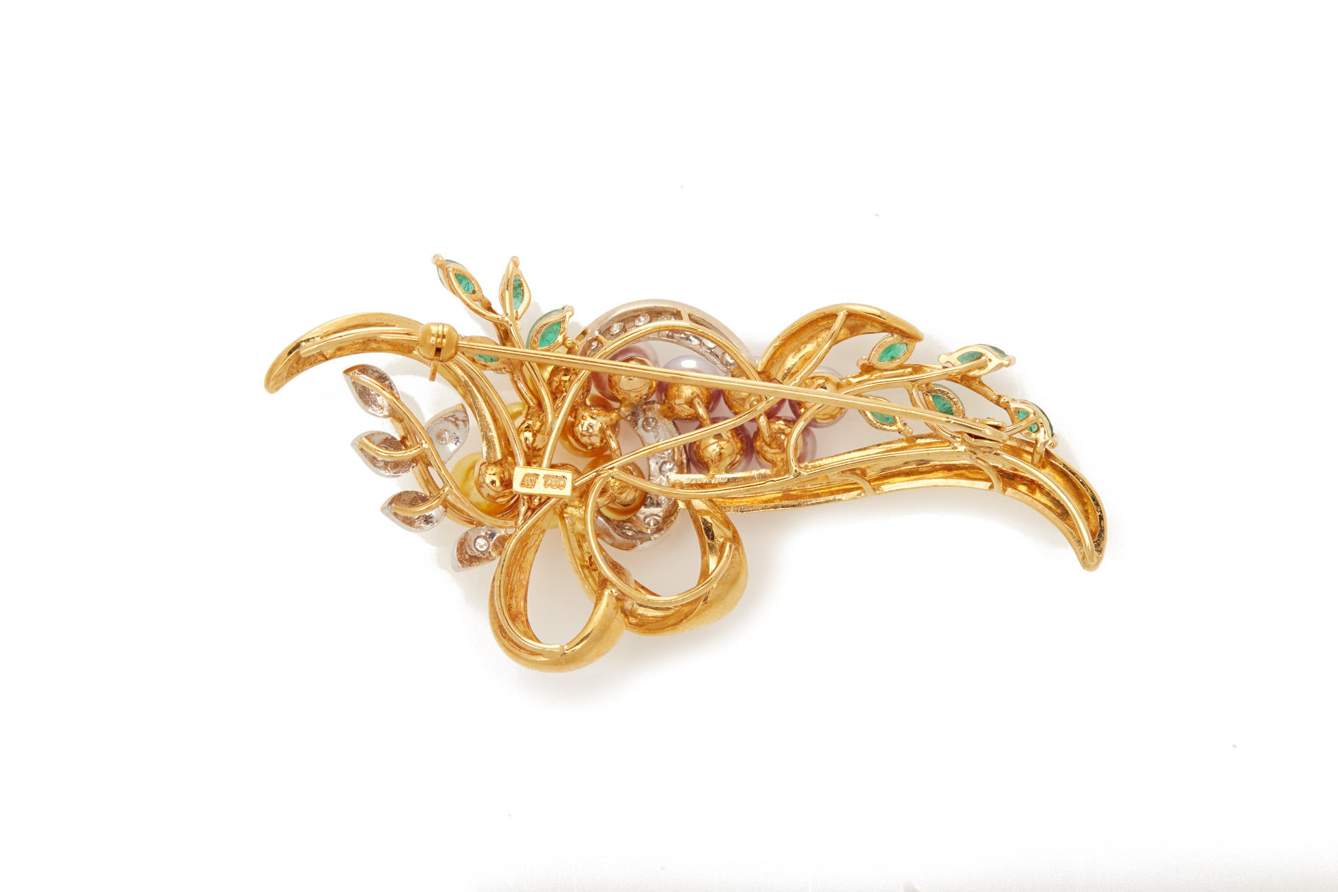 A CULTURED PEARL, EMERALD AND DIAMOND SPRAY BROOCH - Image 2 of 2