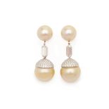 A PAIR OF PLATINUM, DIAMOND AND SOUTH SEA PEARL EARRINGS