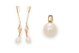 A PAIR OF CULTURED PEARL AND DIAMOND EARRINGS AND A PENDANT